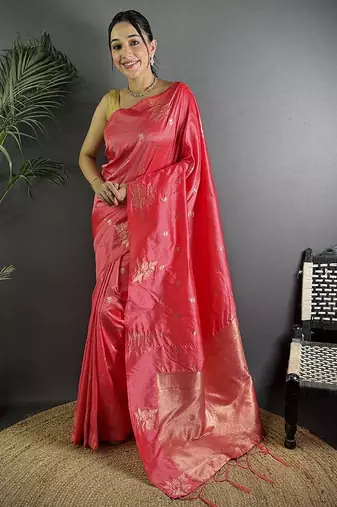 Peach woven design zari saree