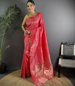 Peach woven design zari saree