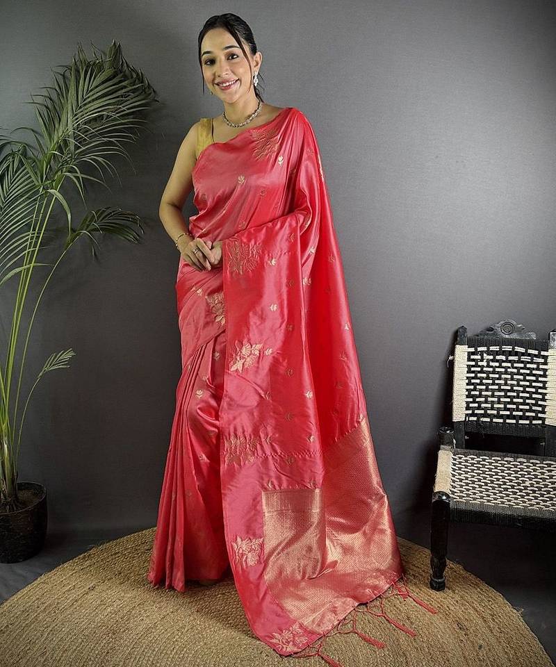 Peach woven design zari saree