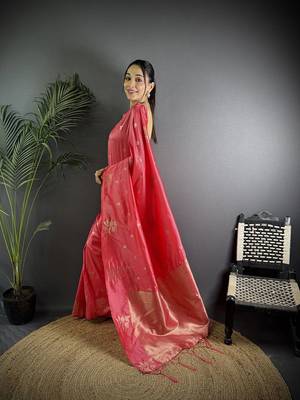 Peach woven design zari saree 2