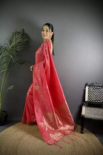 Peach woven design zari saree