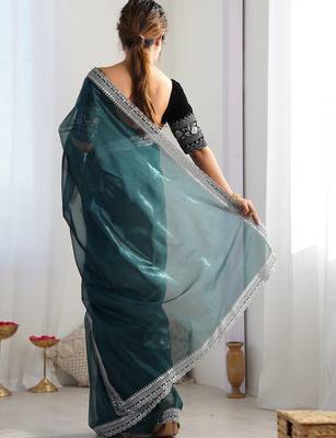Teal sequinned net saree with blouse piece 3