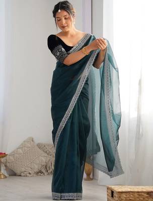 Teal sequinned net saree with blouse piece 4