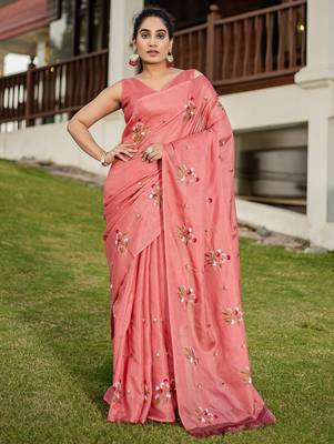 Pink floral embroidered pure cotton saree 1