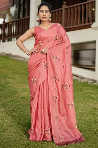Pink floral embroidered pure cotton saree