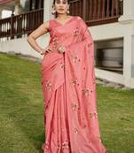 Pink floral embroidered pure cotton saree