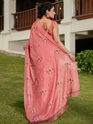Pink floral embroidered pure cotton saree 2