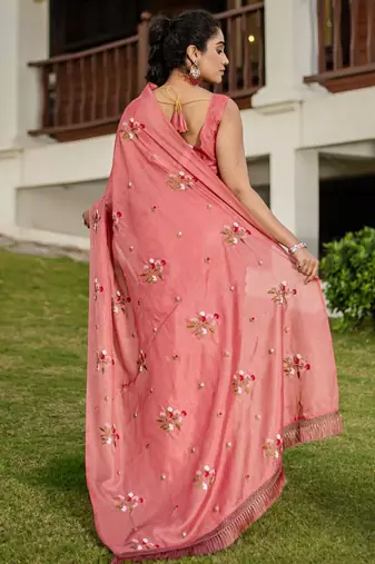 Pink floral embroidered pure cotton saree