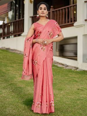 Pink floral embroidered pure cotton saree 3