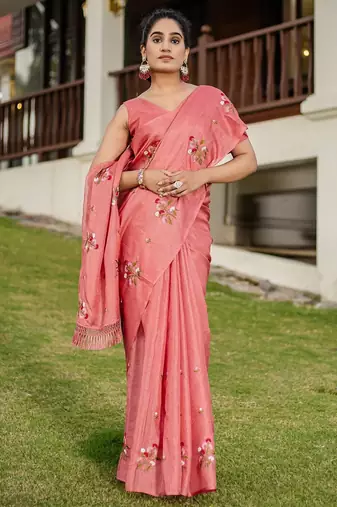 Pink floral embroidered pure cotton saree
