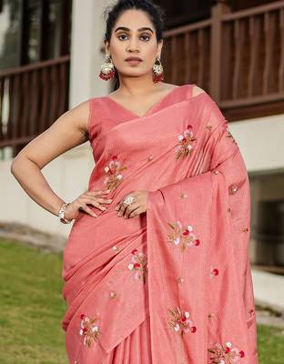 Pink floral embroidered pure cotton saree 4