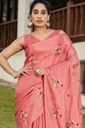 Pink floral embroidered pure cotton saree