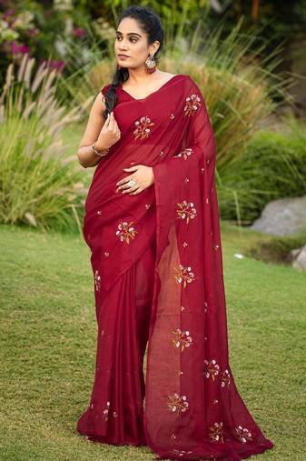 Maroon floral embroidered pure cotton saree