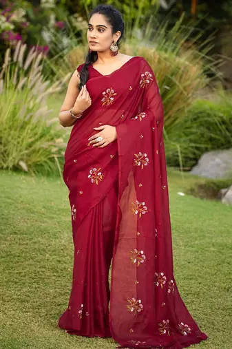 Maroon floral embroidered pure cotton saree