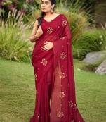 Maroon floral embroidered pure cotton saree