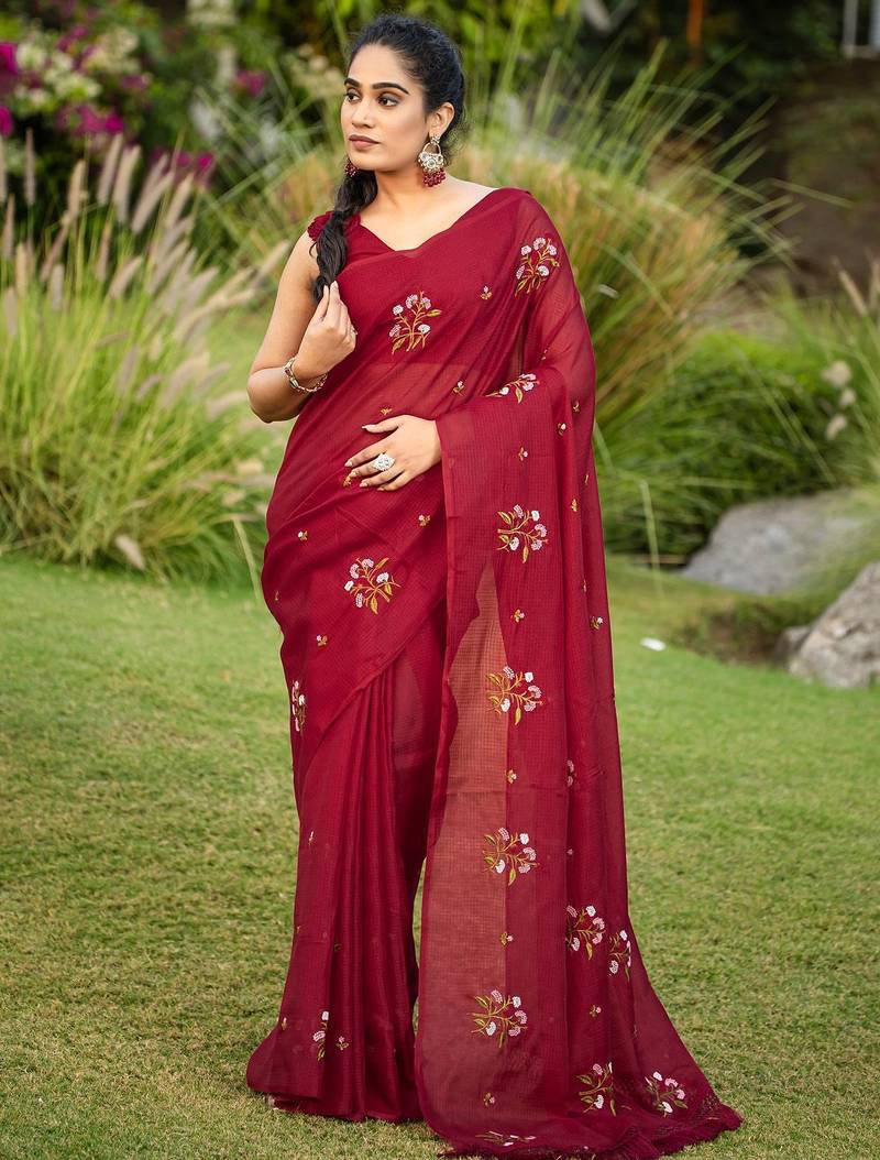 Maroon floral embroidered pure cotton saree