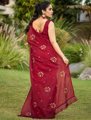 Maroon floral embroidered pure cotton saree 2