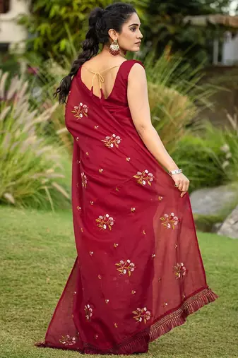 Maroon floral embroidered pure cotton saree