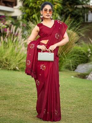 Maroon floral embroidered pure cotton saree 3