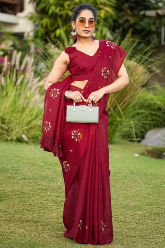 Maroon floral embroidered pure cotton saree
