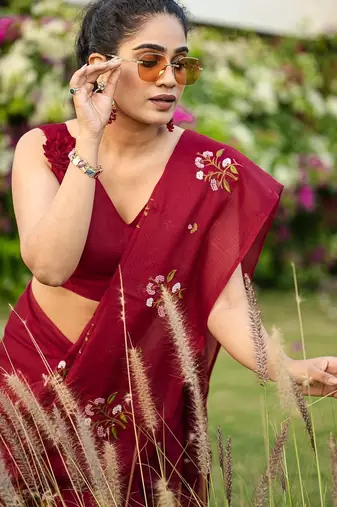 Maroon floral embroidered pure cotton saree