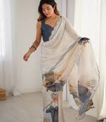 Pink floral printed mirror work saree
