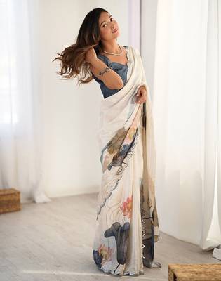 Pink floral printed mirror work saree 4