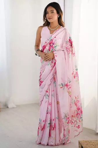 Pink floral mirror work silk blend saree