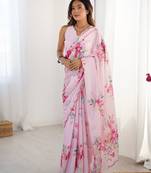 Pink floral mirror work silk blend saree