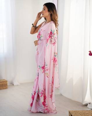 Pink floral mirror work silk blend saree 2