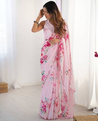 Pink floral mirror work silk blend saree 4