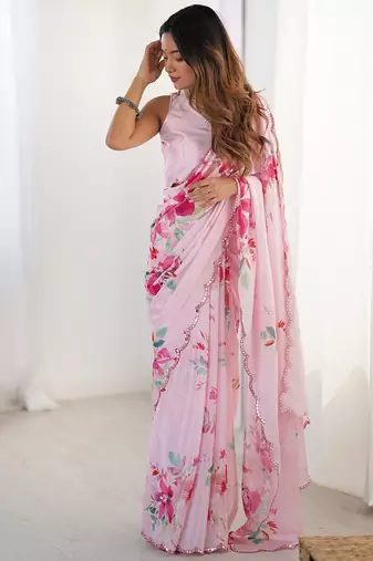 Pink floral mirror work silk blend saree