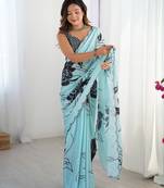 Blue floral printed mirror work saree with unstitched blouse piece