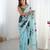 Blue floral printed mirror work saree with unstitched blouse piece