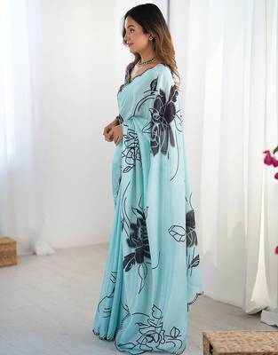 Blue floral printed mirror work saree with unstitched blouse piece 2