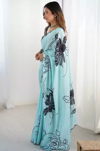 Blue floral printed mirror work saree with unstitched blouse piece