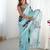 Blue floral printed mirror work saree with unstitched blouse piece
