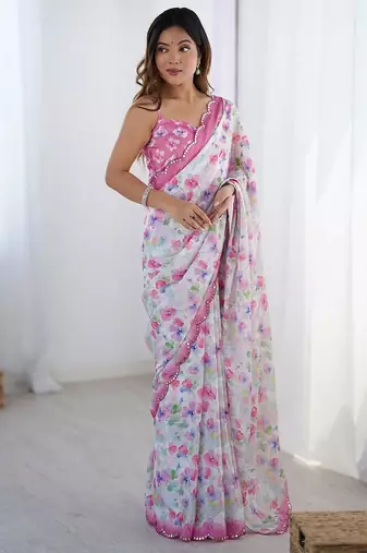 Pink floral mirror work  saree