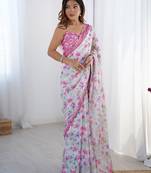 Pink floral mirror work  saree