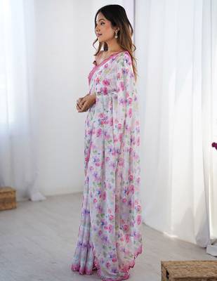 Pink floral mirror work  saree 2