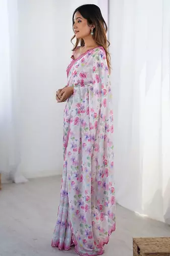 Pink floral mirror work  saree