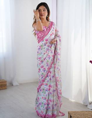 Pink floral mirror work  saree 4