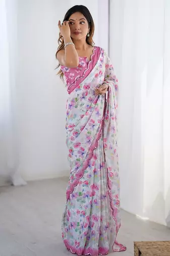 Pink floral mirror work  saree