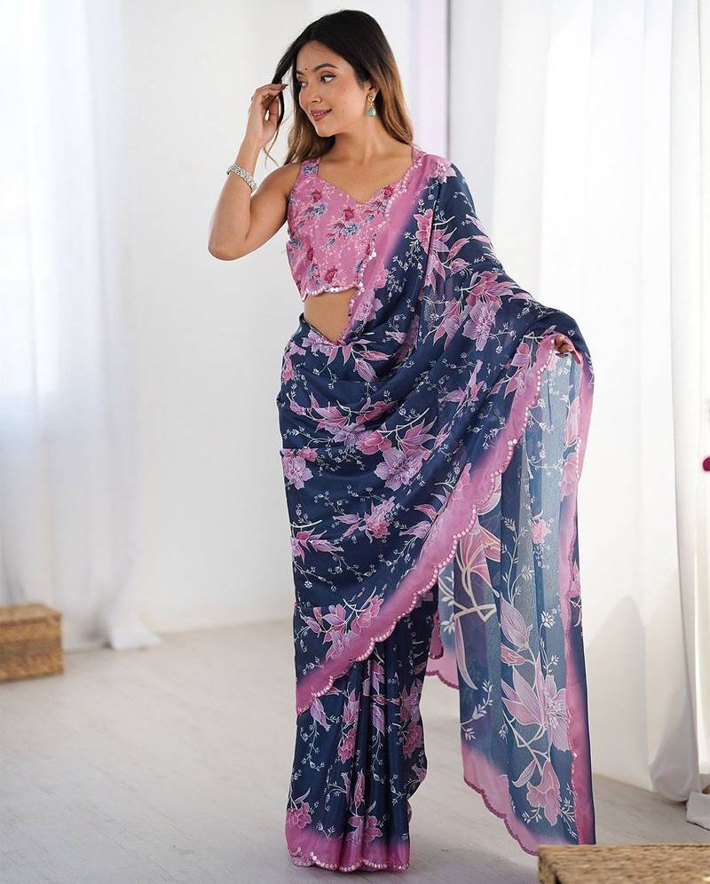 Blue floral printed scallop mirror work saree