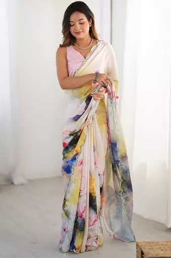 White floral printed mirror work saree with unstitched blouse piece