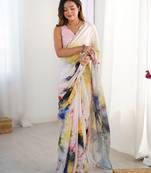 White floral printed mirror work saree with unstitched blouse piece