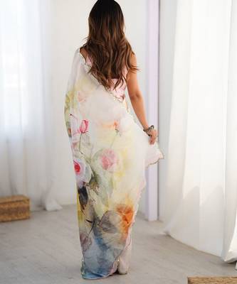 White floral printed mirror work saree with unstitched blouse piece 4