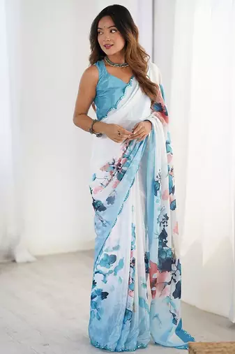 Blue mirror work border saree with blouse piece