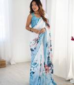 Blue mirror work border saree with blouse piece