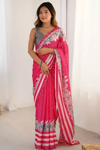 Grey tie and dye mirror work silk blend saree